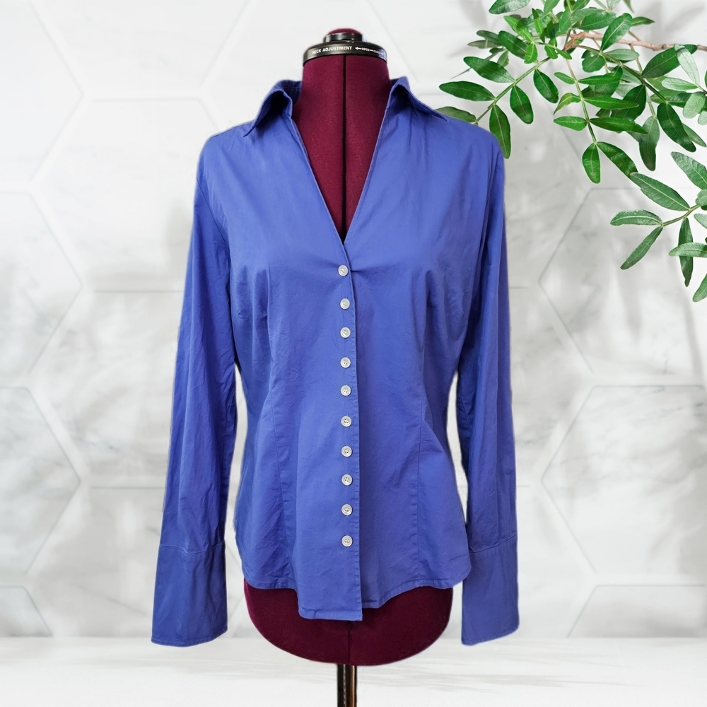 Sandra Ingrish Elegant Blue Cotton Blend V-Neck Button-Up Top